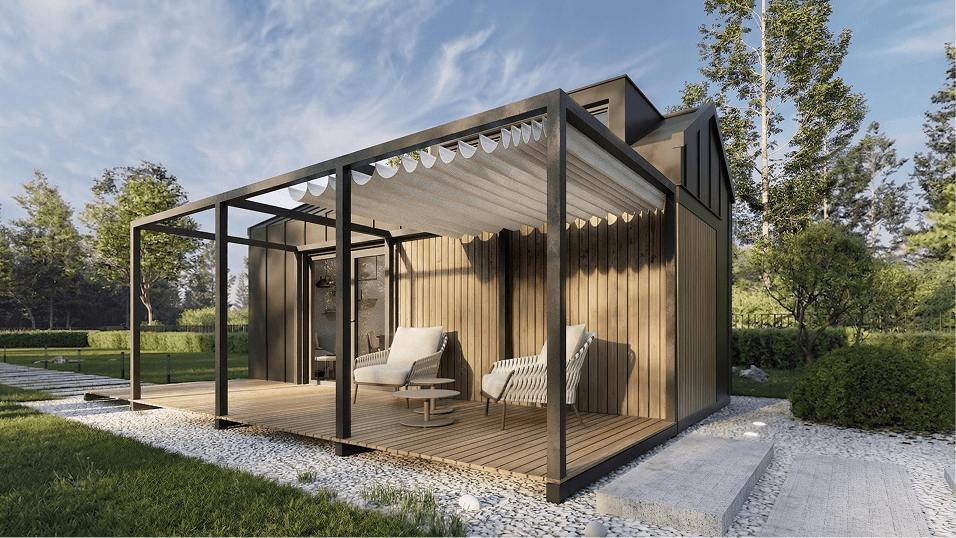 Dom modułowy całoroczny Mini Loft z tarasem – nowoczesny dom szkieletowy od producenta domów modułowych Sava Home